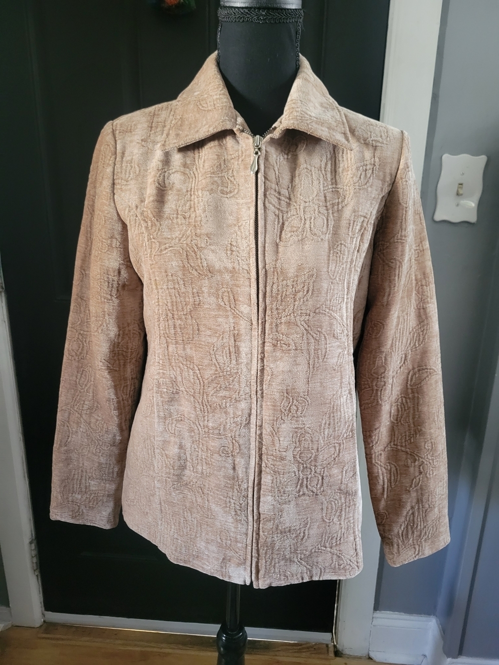 Susan Graver Embossed Zip‑Front Utility Jacket in Taupe